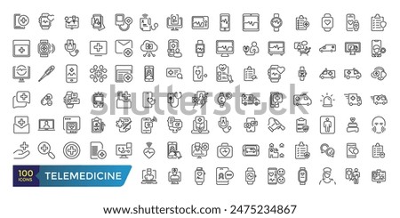 telemedicine icon set. Medical video consultation. Remote health diagnosis. Collection and pack of linear web and ui icons. Editable stroke. Vector illustration