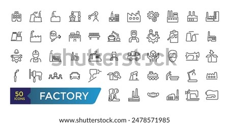 Factory icon set. Containing factory, eco factory, industrial robot, recycling plant. Collection and pack of linear web and ui icons. Editable stroke. Vector illustration