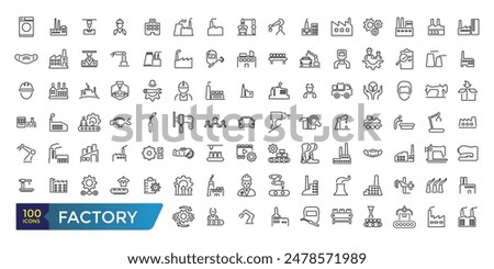 Factory icon set. Containing factory, eco factory, industrial robot, recycling plant. Collection and pack of linear web and ui icons. Editable stroke. Vector illustration