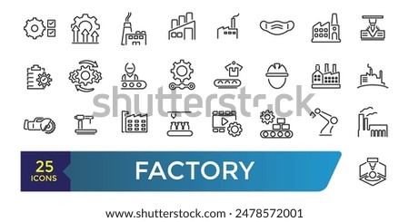 Factory icon set. Containing factory, eco factory, industrial robot, recycling plant. Collection and pack of linear web and ui icons. Editable stroke. Vector illustration