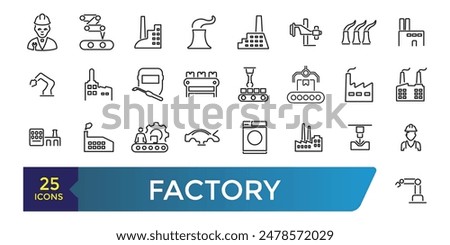 Factory icon set. Containing factory, eco factory, industrial robot, recycling plant. Collection and pack of linear web and ui icons. Editable stroke. Vector illustration