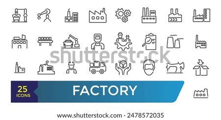 Factory icon set. Containing factory, eco factory, industrial robot, recycling plant. Collection and pack of linear web and ui icons. Editable stroke. Vector illustration