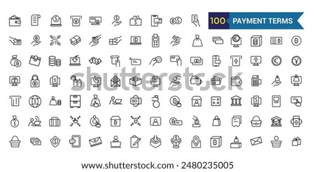 Payment terms icons set outline vector. Card credit. Document recharge. Outline icon collection. Editable stroke.