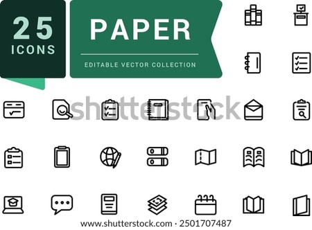 Paper line icons set. Related to flyer leaflet, catalogue, booklet, magazine, letterhead. Pixel perfect, minimalistic web and UI icon. Outline icon collections.