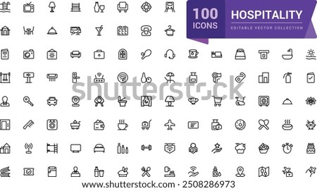 Outline icons of hospitality. Pixel perfect, minimalistic web and UI icon. Outline icons collection. Editable vector illustration.