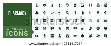 Pharmacy icons set. Editable vector icon collections. Filled icon set, vector illustration. Solid icon set. Glyph icon set for web and ui. Editable stroke.