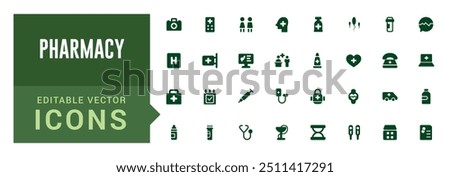 Pharmacy icons set. Editable vector icon collections. Filled icon set, vector illustration. Solid icon set. Glyph icon set for web and ui. Editable stroke.