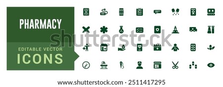 Pharmacy icons set. Editable vector icon collections. Filled icon set, vector illustration. Solid icon set. Glyph icon set for web and ui. Editable stroke.