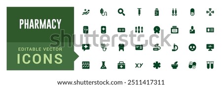 Pharmacy icons set. Editable vector icon collections. Filled icon set, vector illustration. Solid icon set. Glyph icon set for web and ui. Editable stroke.