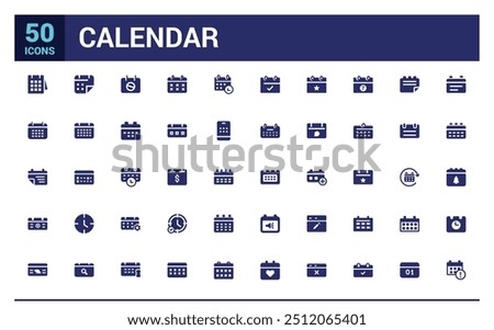 Calendar icon collection. Containing date, schedule, month, week and more, filled icon set, glyph icon set for web and ui. Editable stroke. Solid icon set. Vector illustration.