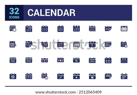 Calendar icon collection. Containing date, schedule, month, week and more, filled icon set, glyph icon set for web and ui. Editable stroke. Solid icon set. Vector illustration.