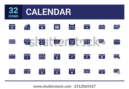 Calendar icon collection. Containing date, schedule, month, week and more, filled icon set, glyph icon set for web and ui. Editable stroke. Solid icon set. Vector illustration.