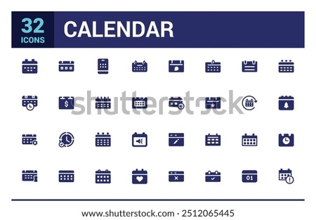 Calendar icon collection. Containing date, schedule, month, week and more, filled icon set, glyph icon set for web and ui. Editable stroke. Solid icon set. Vector illustration.