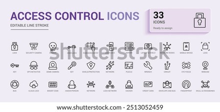 Set of access control icons. House protection, smart house icon, Outline icon collection, line icon set for web and ui. Editable stroke. Vector illustration with icon names.