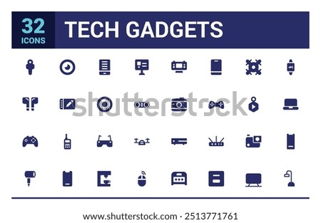 Tech gadgets icon collection. Smartphone, laptop, tablet, smart watch, drone, filled icon set, solid icon set. Glyph icon set for web and ui. Editable stroke. Vector illustration.