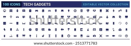 Tech gadgets icon collection. Smartphone, laptop, tablet, smart watch, drone, filled icon set, solid icon set. Glyph icon set for web and ui. Editable stroke. Vector illustration.