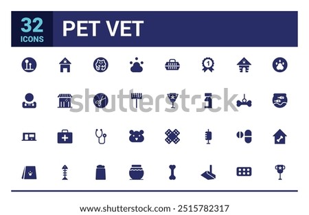 Pet vet and pet shop solid icon set. Filled icon collections. Vector illustration. Solid icon pack. Glyph icon for web and ui. Editable stroke.