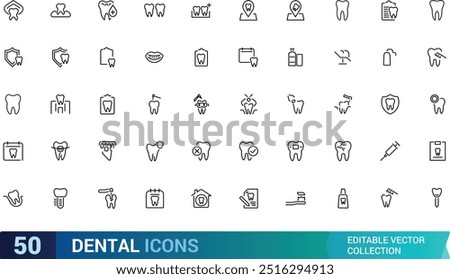 Dental editable stroke outline Icons set. Dentist, care, disease, teeth whitening, removal, broken, root canal, tooth filling and wisdom teeth. Linear icon collection. Vector illustration