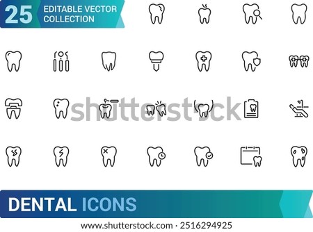 Dental editable stroke outline Icons set. Dentist, care, disease, teeth whitening, removal, broken, root canal, tooth filling and wisdom teeth. Linear icon collection. Vector illustration