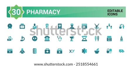 Pharmacy colorful icons set. Color editable vector icon collections. Filled icon set. Solid colors icon pack. Glyph icon for web and ui. Editable vector.