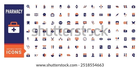 Pharmacy colorful icons set. Color editable vector icon collections. Filled icon set. Solid colors icon pack. Glyph icon for web and ui. Editable vector.