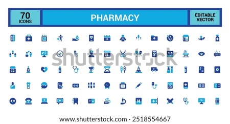 Pharmacy colorful icons set. Color editable vector icon collections. Filled icon set. Solid colors icon pack. Glyph icon for web and ui. Editable vector.