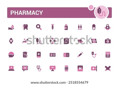 Pharmacy colorful icons set. Color editable vector icon collections. Filled icon set. Solid colors icon pack. Glyph icon for web and ui. Editable vector.