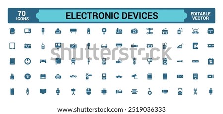 Electronic devices icons set, personal computer, smartphone, glyph icon collection for web and ui. Filled icon pack, editable stroke. Solid Vector illustration.