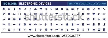 Electronic devices icons set, personal computer, smartphone, glyph icon collection for web and ui. Filled icon pack, editable stroke. Solid Vector illustration.