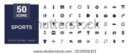 Sports icons set. Containing football, basketball, trophy, competition, medal, filled icon set, solid icon set. Glyph icons for web and ui. Editable vector illustration.