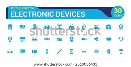 Electronic devices icons set, personal computer, smartphone, glyph icon collection for web and ui. Filled icon pack, editable stroke. Solid Vector illustration.