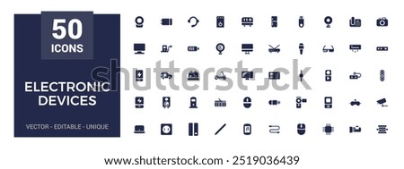 Electronic devices icons set, personal computer, smartphone, glyph icon collection for web and ui. Filled icon pack, editable stroke. Solid Vector illustration.