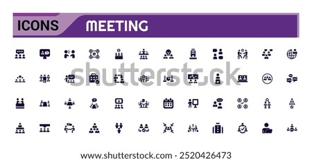 Meeting icons set. Solid set of online meeting vector icons for ui design. Glyph icon for web and ui. Filled icon set. Vector illustration.