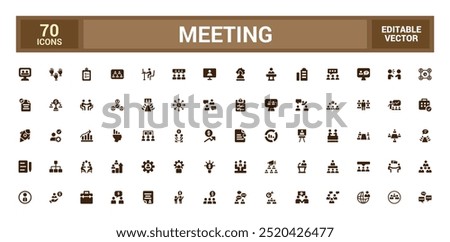 Meeting icons set. Solid set of online meeting vector icons for ui design. Glyph icon for web and ui. Filled icon set. Vector illustration.