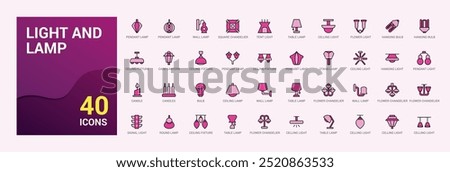 Light and lamps colorful icons set. Set of ceiling light. Outline icon collection, line symbol for web and ui. Vector illustration. Icon names are written in English.