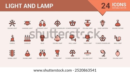 Light and lamps colorful icons set. Set of ceiling light. Outline icon collection, line symbol for web and ui. Vector illustration. Icon names are written in English.