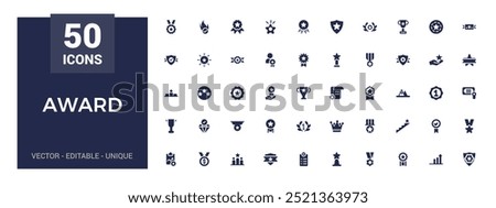 Award filled icon set. Winner medal, victory cup and trophy reward. Filled icons set, glyph symbol for web and ui. Solid icon set. Vector illustration.