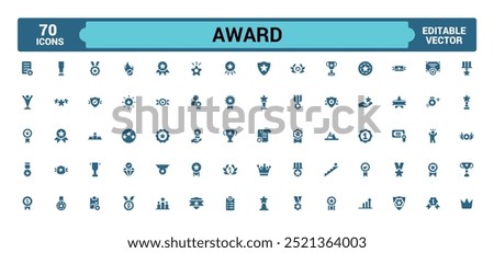 Award filled icon set. Winner medal, victory cup and trophy reward. Filled icons set, glyph symbol for web and ui. Solid icon set. Vector illustration.