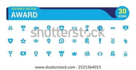 Award filled icon set. Winner medal, victory cup and trophy reward. Filled icons set, glyph symbol for web and ui. Solid icon set. Vector illustration.