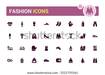 Set of icons related to fashion, cawing, clothing, dress. Solid icon collection. Glyph for web and ui. Filled fashion icon pack. Solid icon set. Vector illustration.