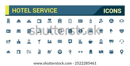 Hotel service icon collection. Hospitality symbol, room, service, booking, filled icons set, glyph for web and ui. Solid icon set. Vector illustration.