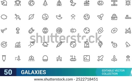 Set of galaxies related line icons. Planet earth, alien and more. Editable stroke. Pixel perfect. Outline icons collection. Editable stroke icons set.