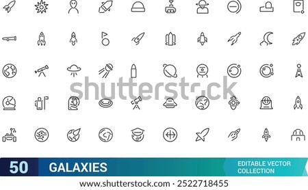 Set of galaxies related line icons. Planet earth, alien and more. Editable stroke. Pixel perfect. Outline icons collection. Editable stroke icons set.