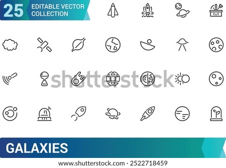 Set of galaxies related line icons. Planet earth, alien and more. Editable stroke. Pixel perfect. Outline icons collection. Editable stroke icons set.