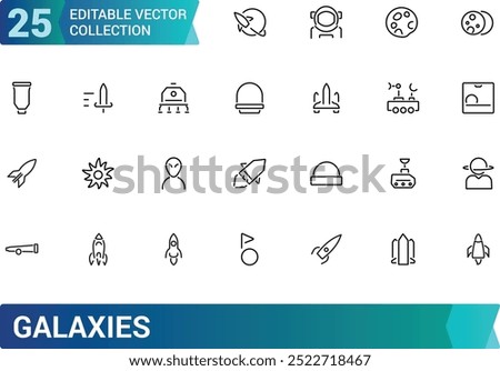 Set of galaxies related line icons. Planet earth, alien and more. Editable stroke. Pixel perfect. Outline icons collection. Editable stroke icons set.