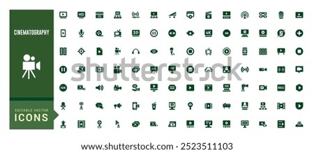 Cinematography icons set, Cinema movie and more, filled icon collection, glyph icons set for web and ui. Solid icon set. Vector illustration.