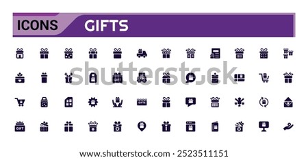 Set of gift filled icons, box, bow, surprise, glyph  collection for web and ui. Filled icon pack, Solid icon set. Vector illustration.