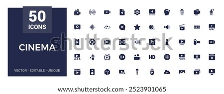 Cinema icons set. Simple collection of movies solid icon. Filled icons pack, glyph set for web and ui. Solid icon. Vector illustration.