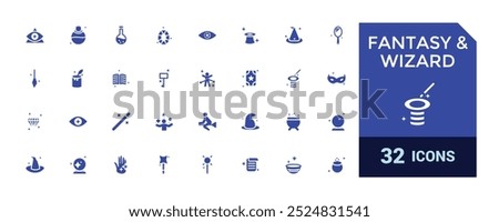 Fantasy and Wizard solid icon set. Filled magic icon for magician. Wand, Rabbit, Trick and more. Glyph for web and ui. Filled icon pack, Vector illustration.