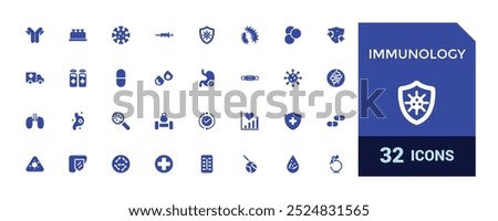 Immunology filled icons set. Solid icons fpr healthy habits, food, antibody, supplement, vitamin and immune system boosting. Vector illustration.